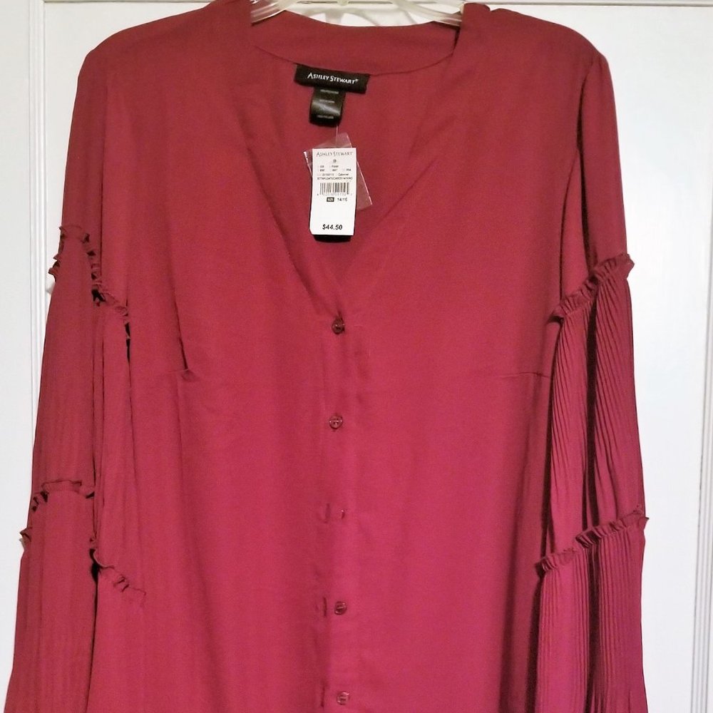 Button Down Pleated V-Neck Blouse